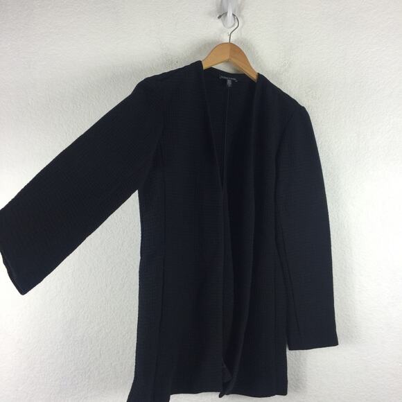 Eileen Fisher Black Geometric Cardi Jacket Small Stretch Textured Open Lagenlook - Picture 13 of 15